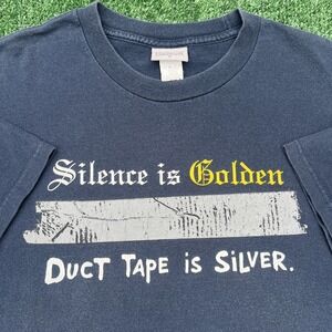 VTG Quote T-Shirt Mens Large Faded Navy Blue Silence Is Golden Duct‎ Tape Y2K